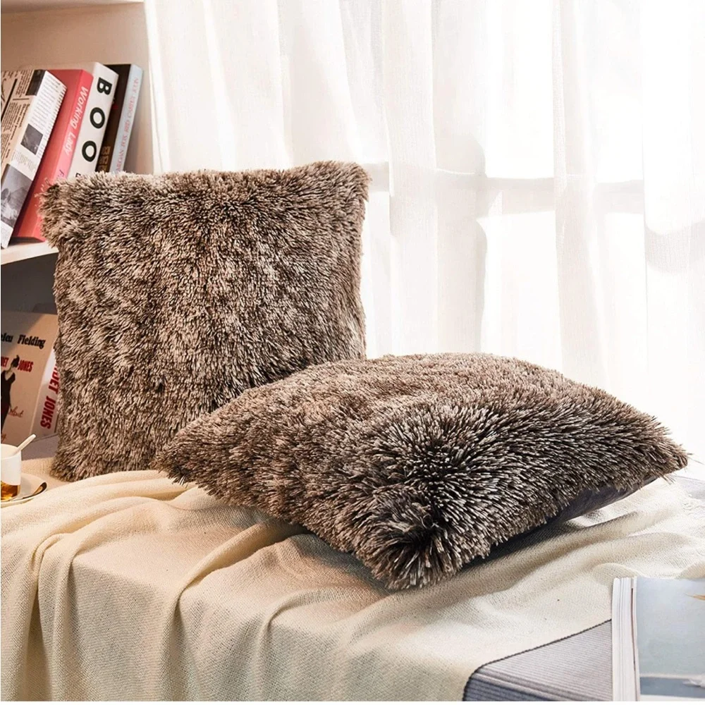 Luxury Home | Elegant Chocolate Brown & Cream Ombre Faux Fur Throw Pillow Covers